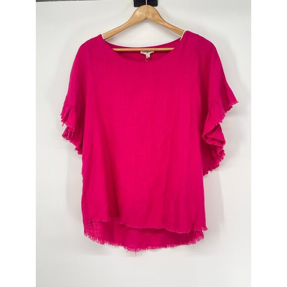 NWT Umgee Hot Pink Raw Edge Relaxed‎ Fit Linen Blend Top Size Large Boho Beachy - Picture 1 of 5
